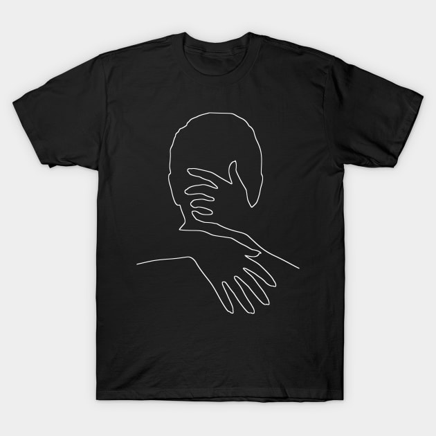 My Valentine Tight Hug White Line Drawing On Black T-Shirt by podartist